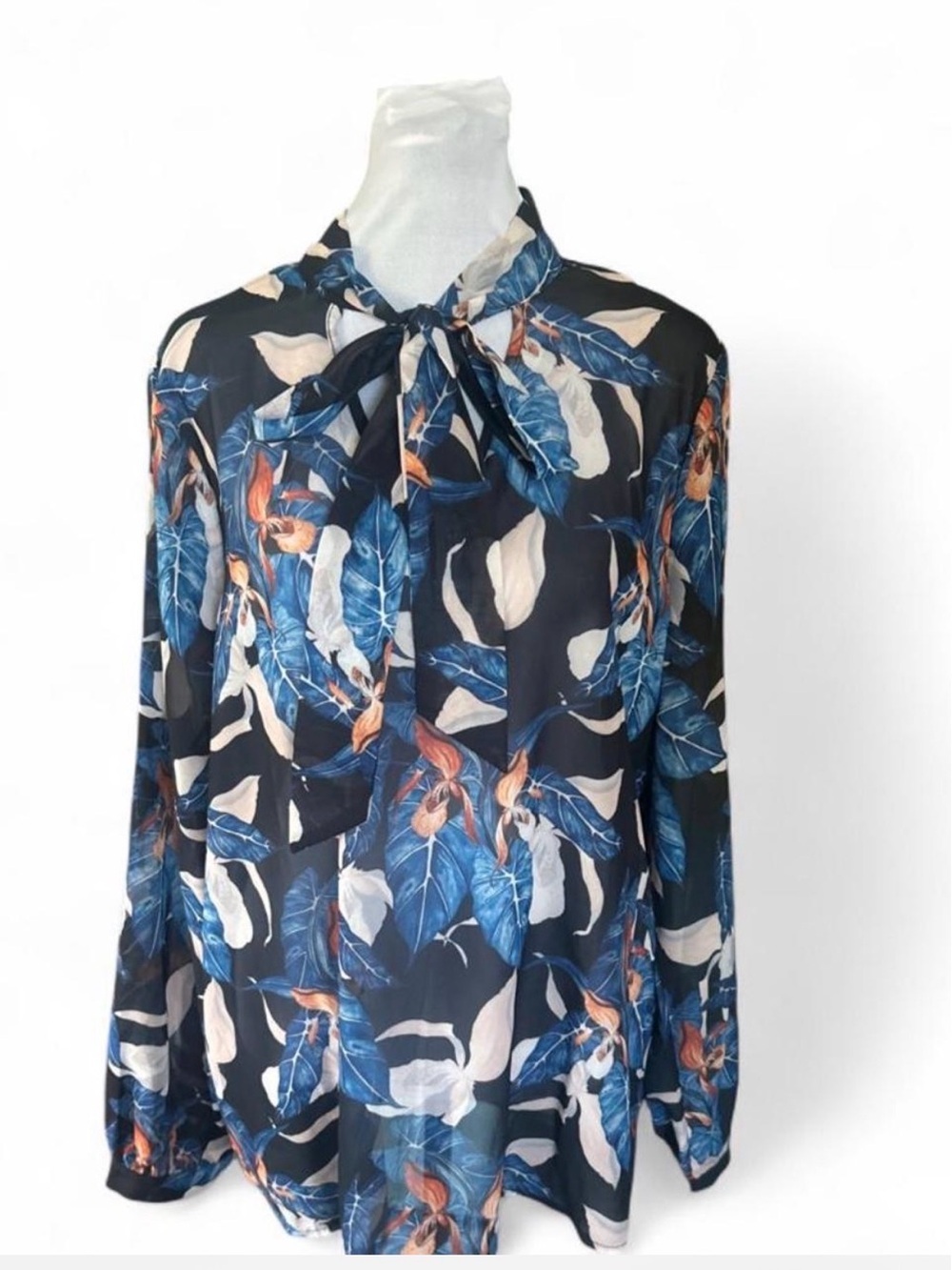 Tie-Neck Floral Blouse - Navy Blue